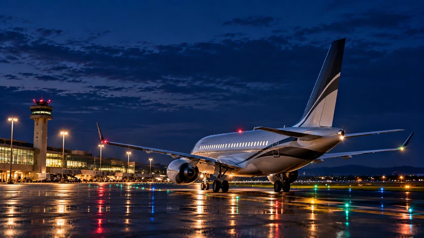 A business jet on a wet apron at night beside the control tower