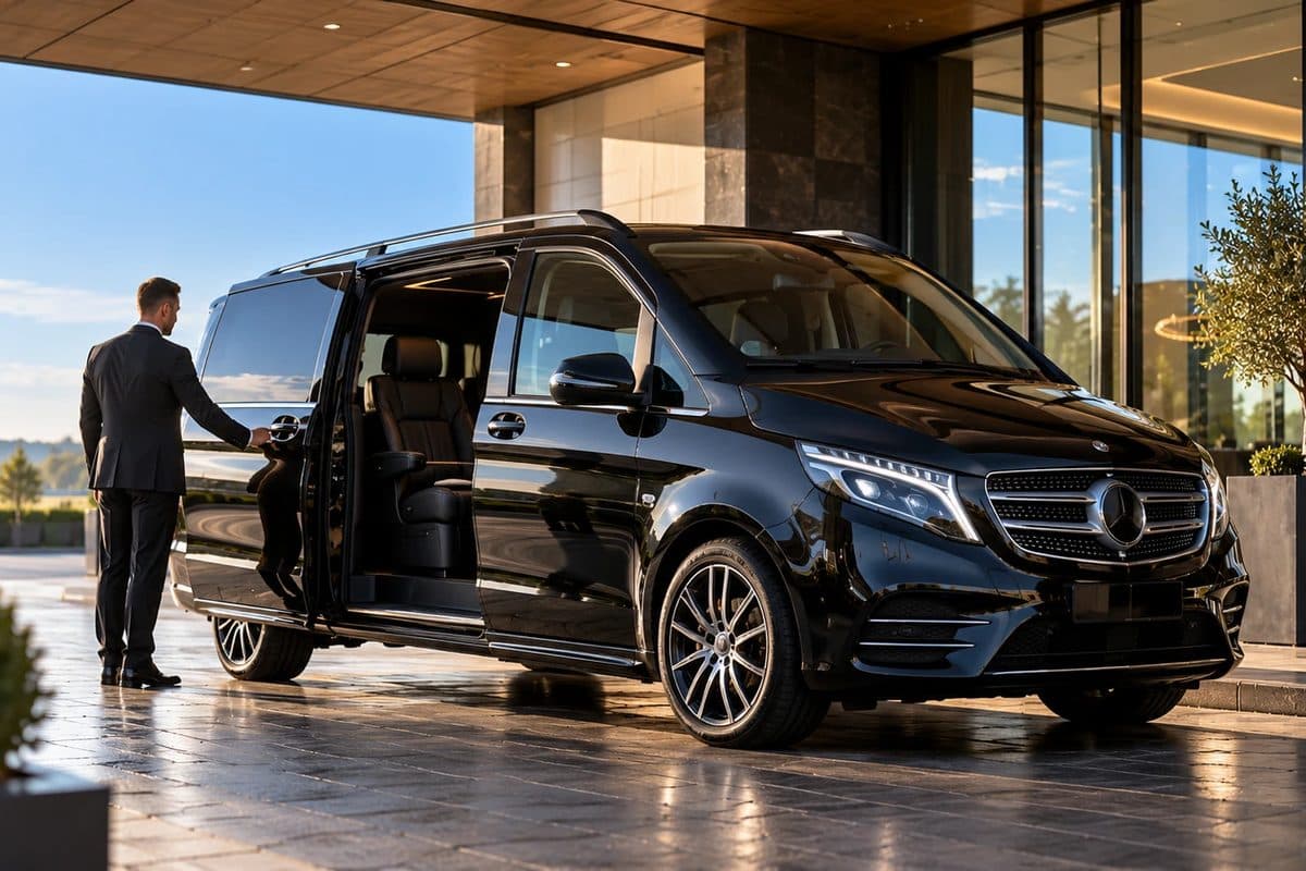 A chauffeur opening the door of an executive van